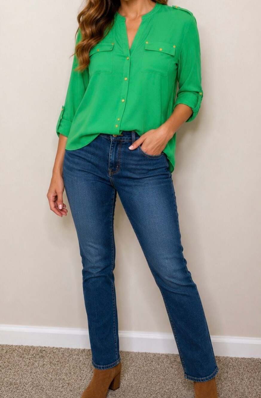 Charter Club Green Roll-Tab Sleeve Utility Blouse Size L